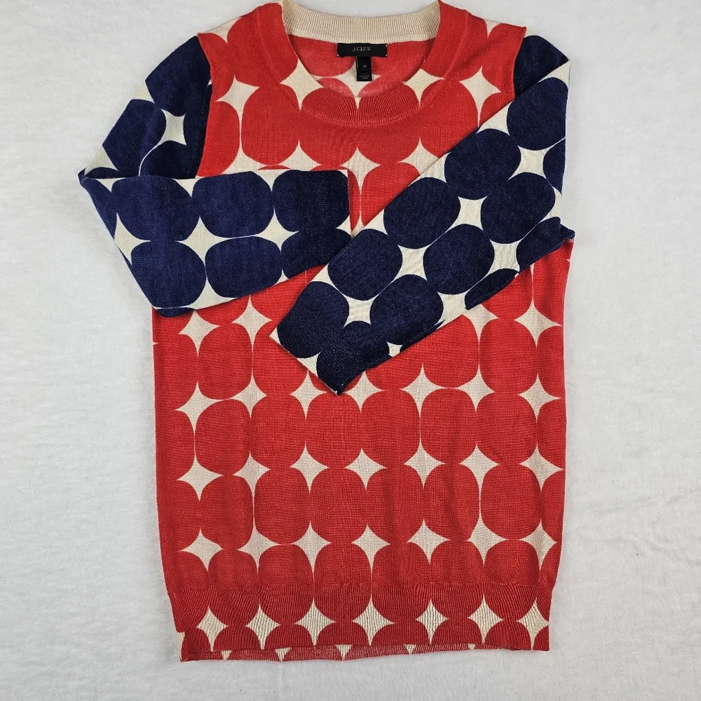 J.Crew Merino Wool Sweater M Red White Blue‎ 4th Celebration Work Office